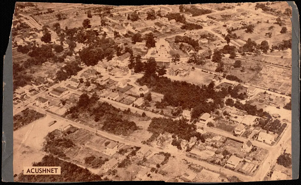 Aerial view of Acushnet Center, Massachusetts, with St. Francis Xavier Church, 1930