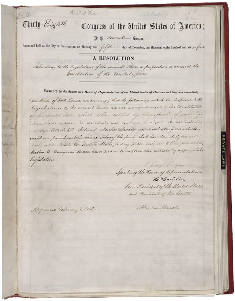 The Joint Resolution proposing the Thirteenth Amendment to the United States Constitution, 1865