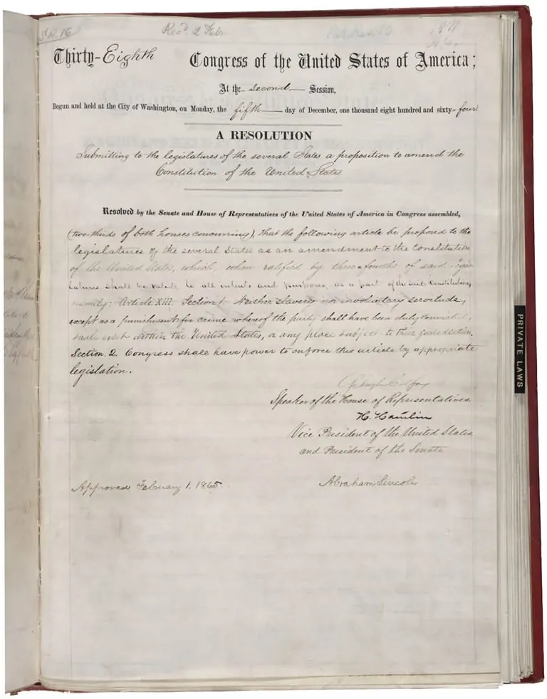 The Joint Resolution proposing the Thirteenth Amendment to the United States Constitution, 1865