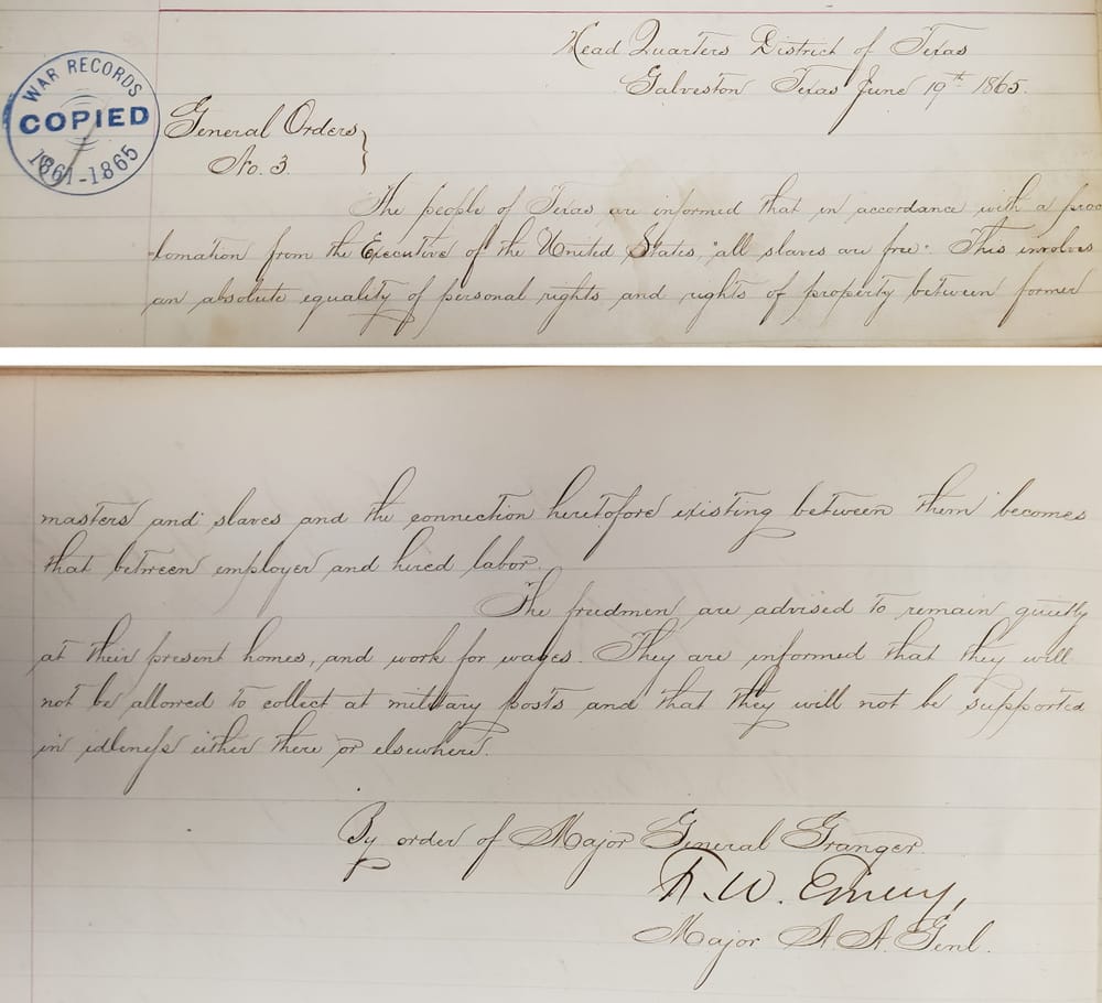 General Order No. 3, the June 1865 order that announced emancipation in Texas