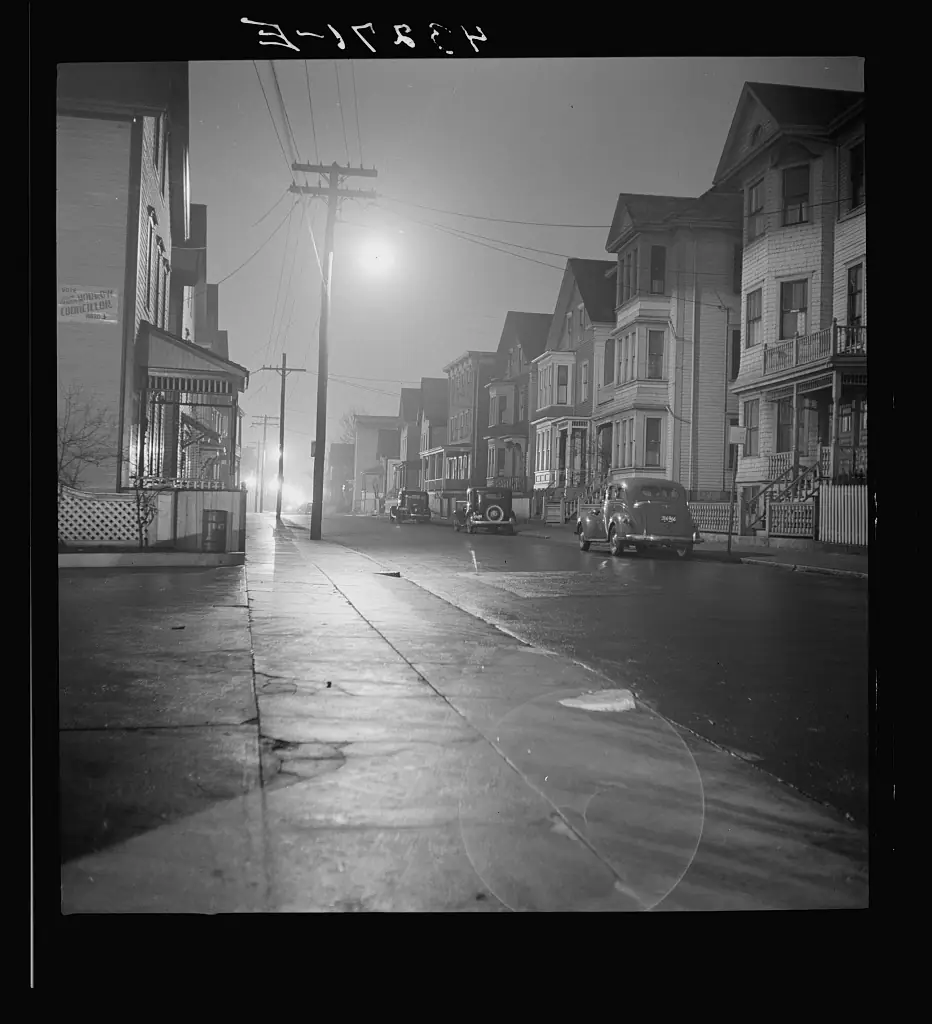 A New Bedford street on a foggy night, 1940