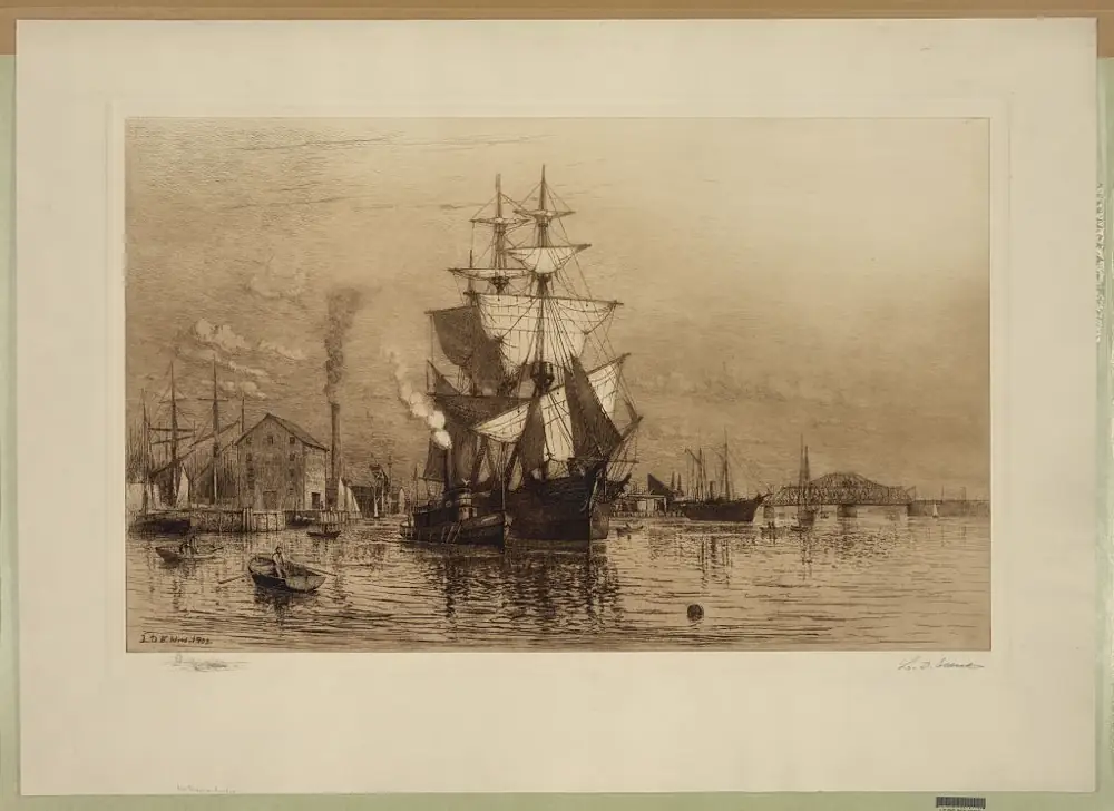 New Bedford harbor with ships, 1903 etching by Lemuel D. Eldred