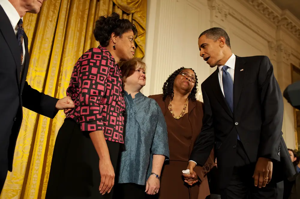President Obama with the Shepard and Byrd families at the reception marking enactment of the Matthew Shepard and James Byrd Jr. Hate Crimes Prevention Act, October 28, 2009