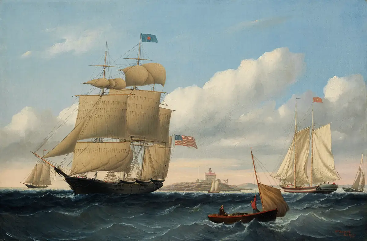 An oil painting of a square-rigged New Bedford whaleship under full sail, the American flag flying, with smaller boats and a lighthouse beyond